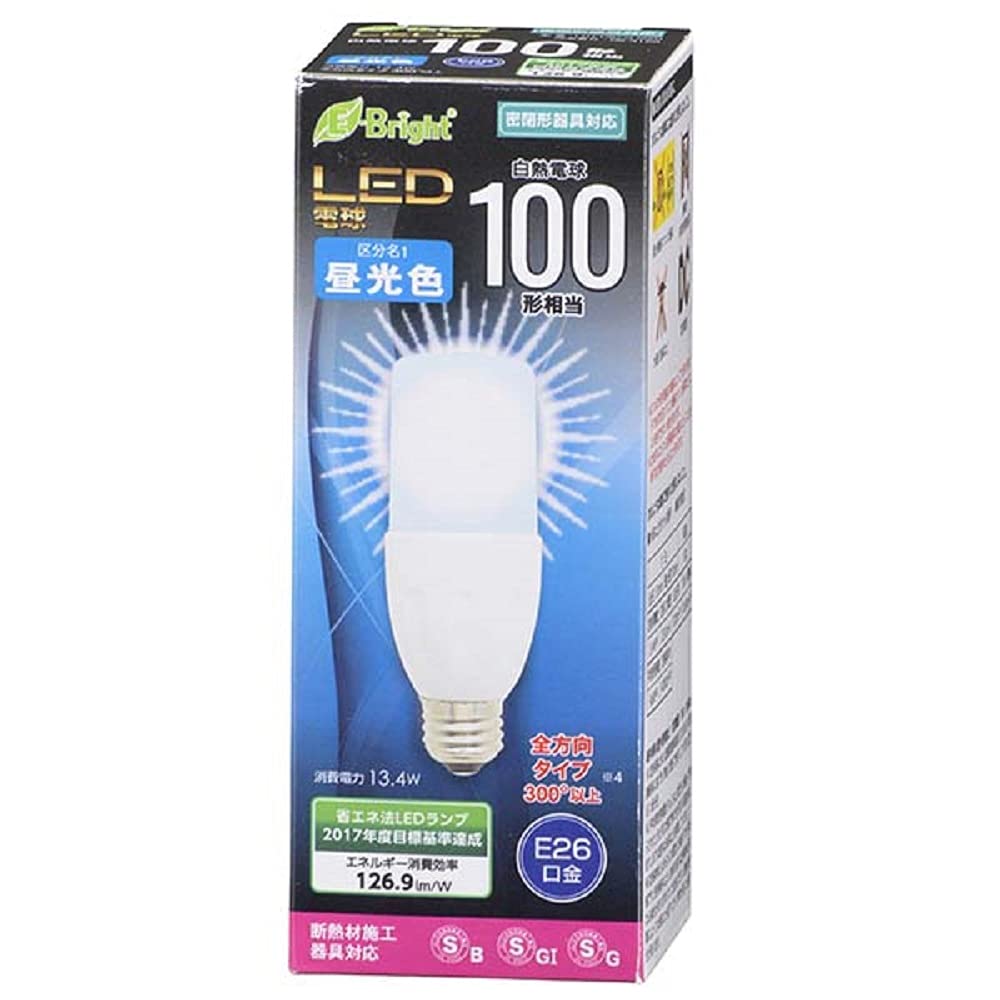 E-Bright LED Bulb, Cylindrical Bulb Type, E26 Base, Equivalent to 100W Incandescent Bulb, 13W, Daylight White, Omnidirectional Type, OHM LDT13D-G