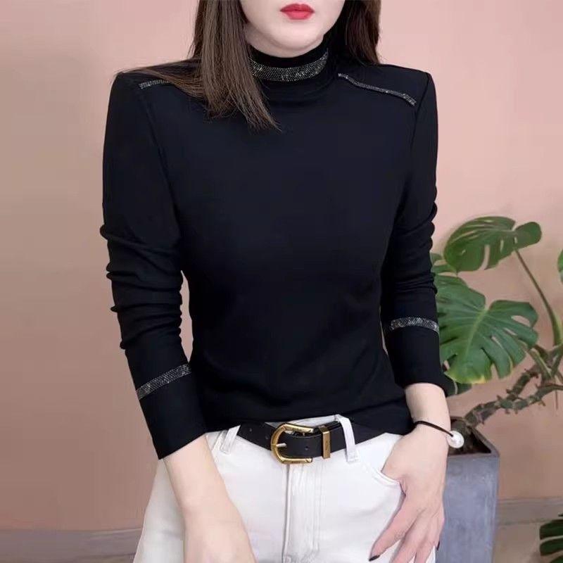 

Hot Diamond German Velvet Semi-turtleneck Long Sleeve Bottom Shirt Women s Autumn and Winter New Foreign Style Clothing M чорний
