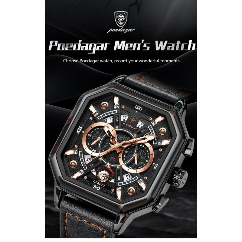 POEDAGAR Luxury Chronograph Square Man Watch Waterproof Luminous Date Men Watch Sports Leather Men's Watches Quartz