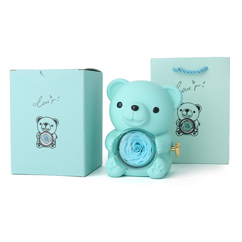 Rotating Acrylic Jewelry Box with Teddy Bear & Eternal Rose for Valentine's Day