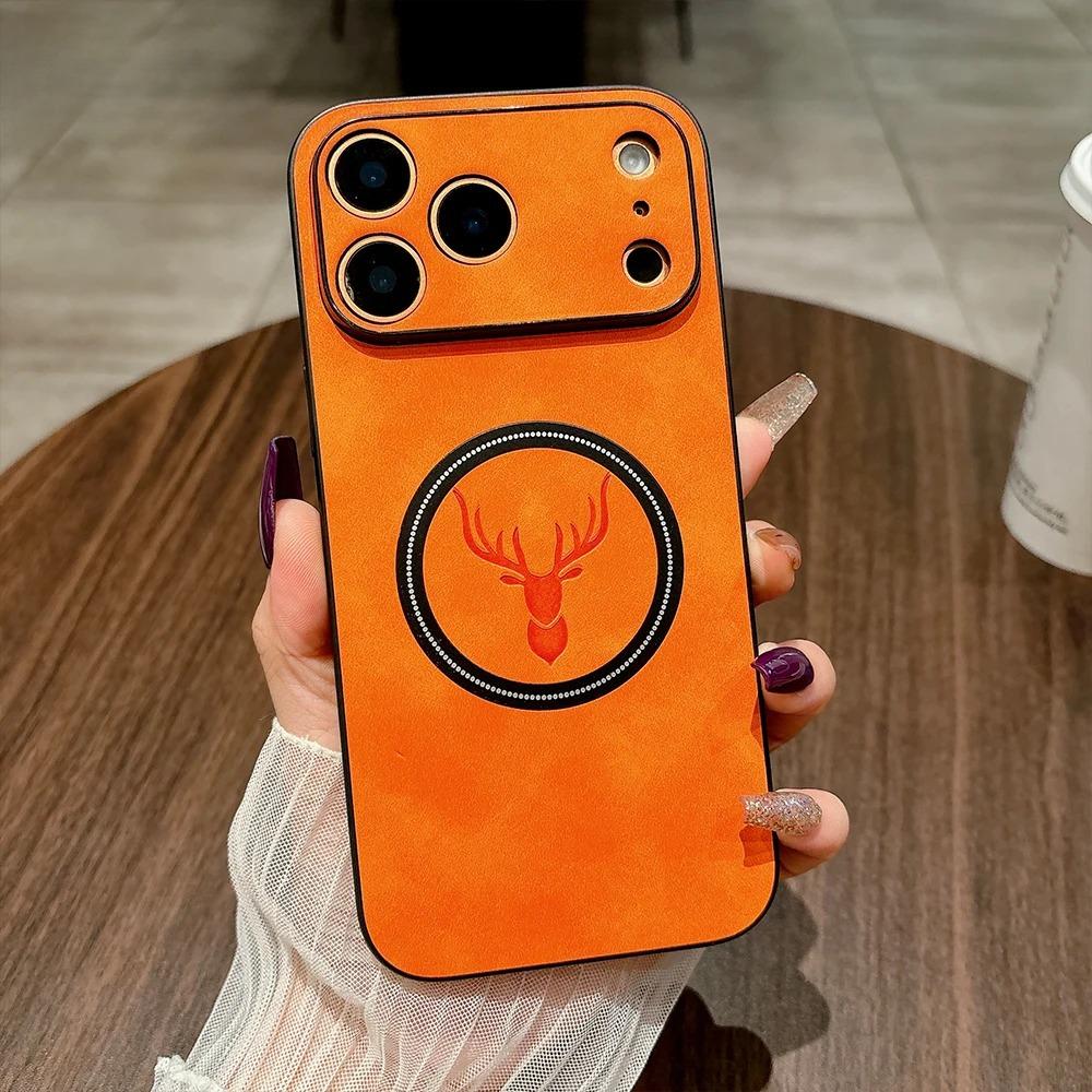 Deer Leather For Magsafe Magnetic Case For iPhone 17 Air 16 16E 15 14 Plus 13 12 11 Pro Max Wireless Charge Shockproof Cover