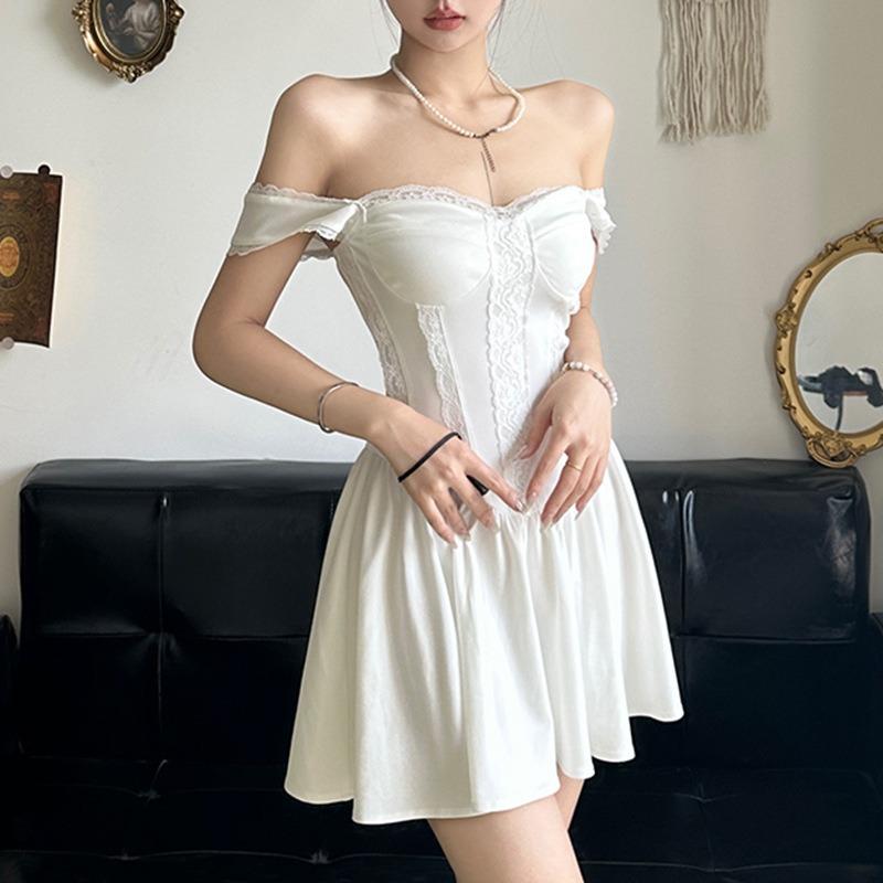 Women's Dress French Pure Desire Spice Girl Style Lace Patchwork Slip Dress Summer Ballet Girl White Waist Drop Dress