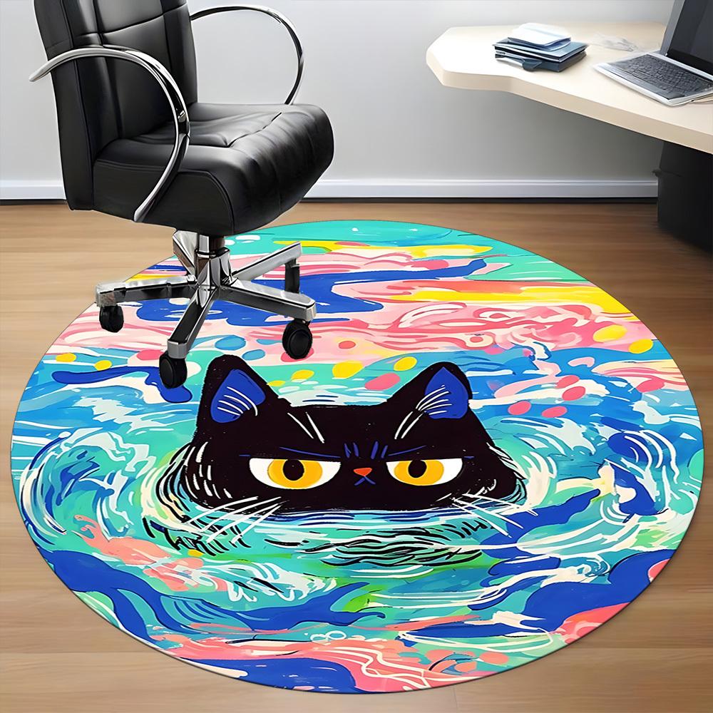 1PC Cat Swimming Office Round Rug, Non Slip, Soft and Durable Office Rug for Interior Decoration, Perfect for Office