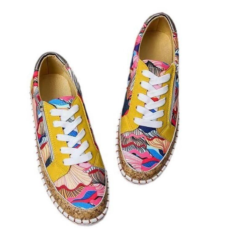 New Large Size Color Matching Casual Round Head Women's Single Shoes Lace-up Printing Platform-soled Sports Single Shoes Women