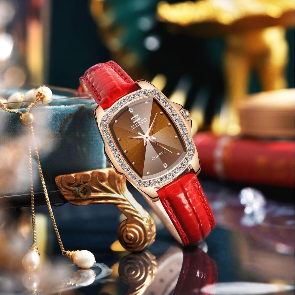 SENO Retro Square Diamond Damen Lederarmbanduhr - Schlichtes Wasser-Diamant-Quarzdesign