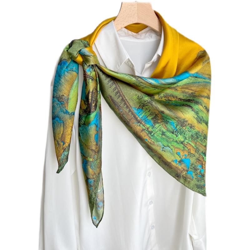New Women's Silk Scarf – Thousand Miles of Rivers and Mountains Painting, Chinese Style Shawl, Perfect Gift for Mother's Day.