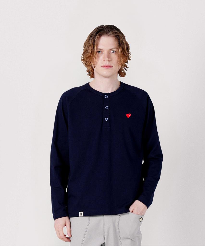 CUSTOMUS Men'S New Heart Embroidery Henley Neck Raglan Long Sleeve T-Shirt Cxs25Fkrt921 Nav