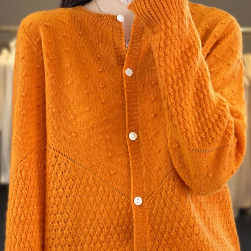 New Hollow Cardigan Women's Crew Neck Long-sleeved Knitted Top