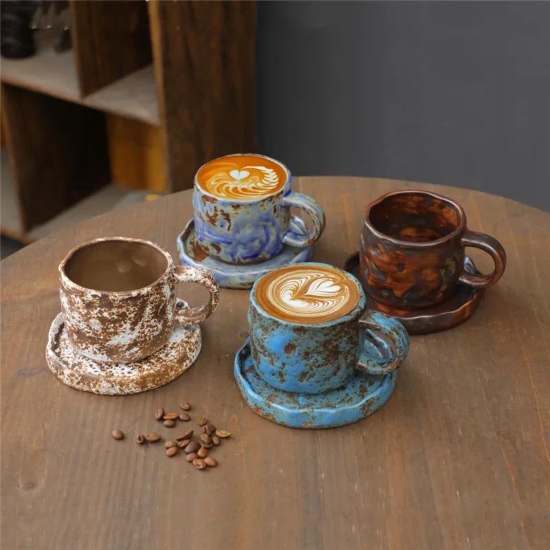 Retro Ceramic Cup Cross-border Mug Japanese Style Simple Afternoon Tea Cup Creative Coarse Pottery Coffee Cup Saucer Set