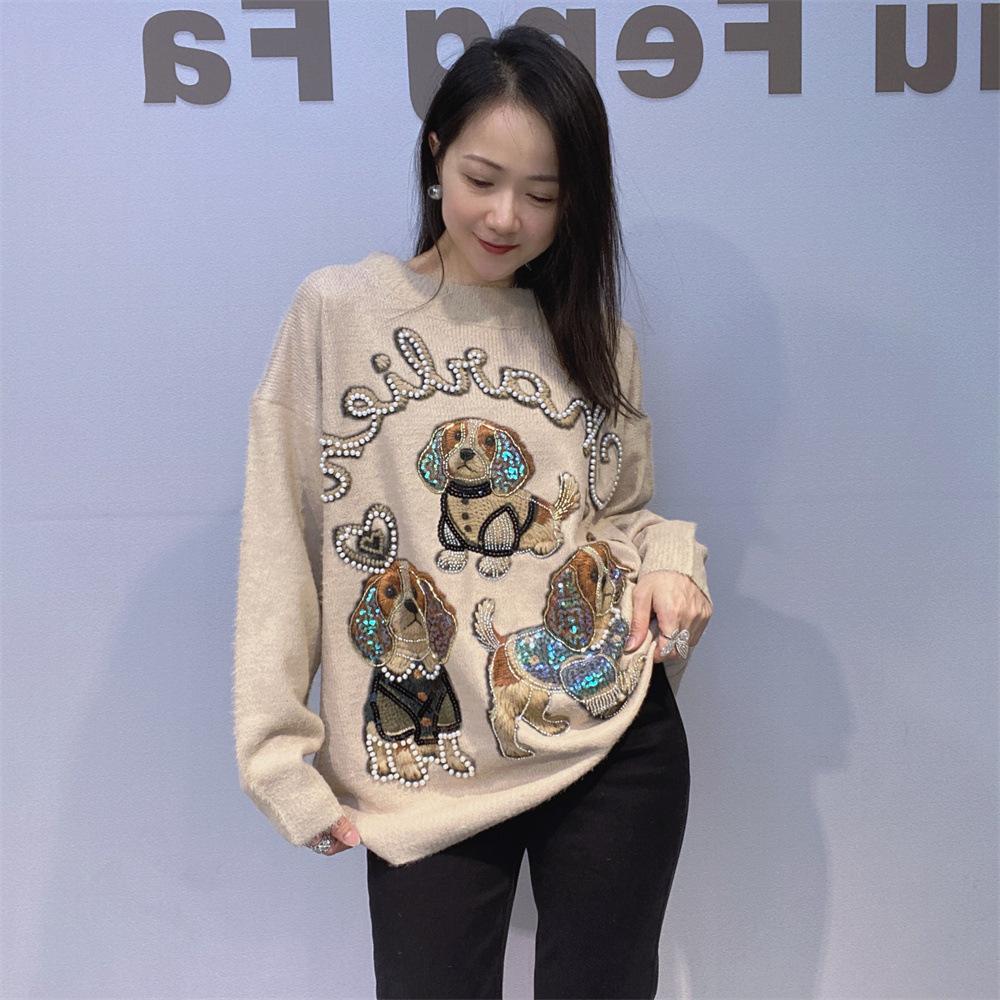 

Свитер-пальто с круглым вырезом и бисером Новым дизайном для осени и зимы является трехмерный свободный и непринужденный вязаный топ One Size хаки