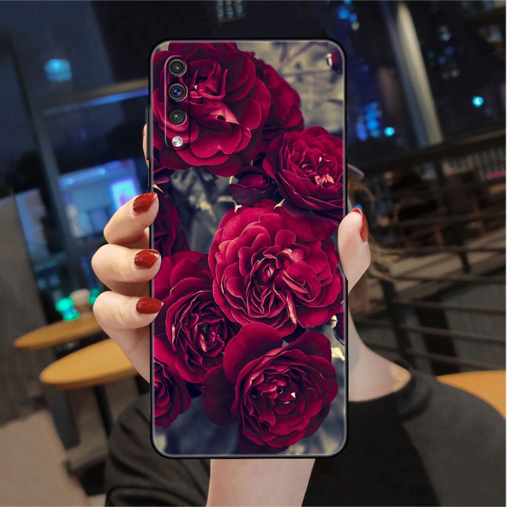 Case For Samsung Galaxy A50 A70 A30 A20s A20e A10 A40 A10s A10e M52 M51 M31 M30s M21 Black Phone Cover Bright Red Rose Flowers
