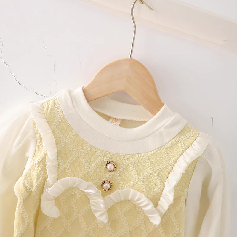 Huiai Girls' Autumn Korean Princess Dress: Long Sleeve Two-Piece Puff Sleeve Skirt