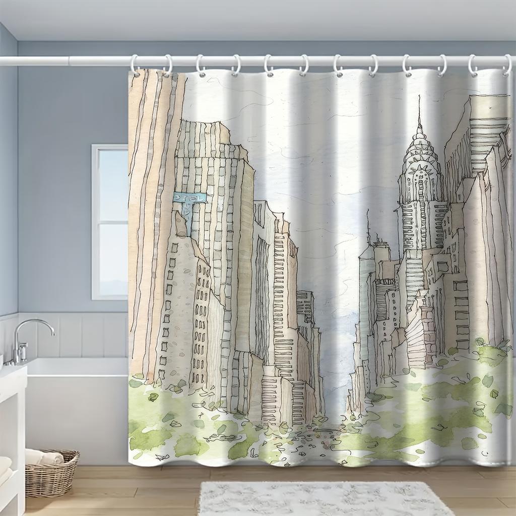 Vintage Urban Cityscape Bath Curtain - Modern Skyline & Greenery Design, Polyester, Machine Washable, Includes Hooks