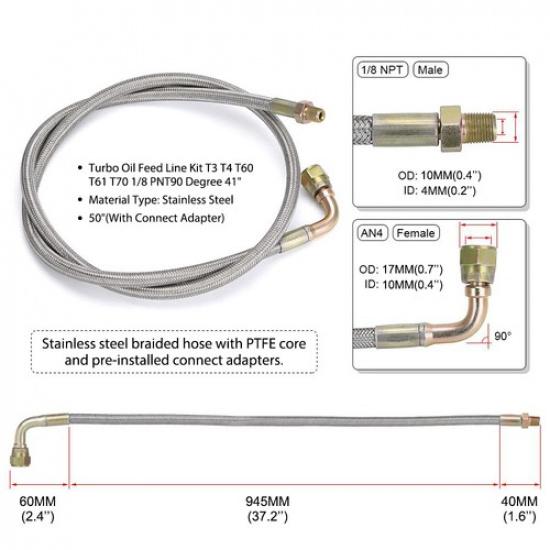 41" Turbo Oil Feed Line Kit for T3 T60 T4 T61 T70 Supercharged Engine 1/8 NPT EV