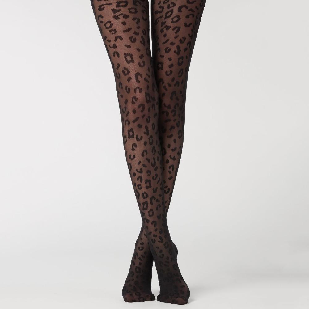 Black Sheer Tights Leopard Print Seamless Stockings Y2K Style Thin Pantyhose