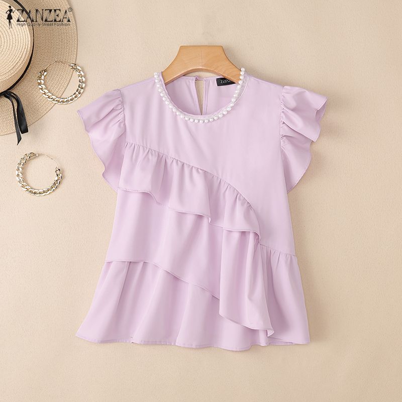 ZANZEA Women Casual Round Neck Short Sleeve Loose Ruffles Blouse