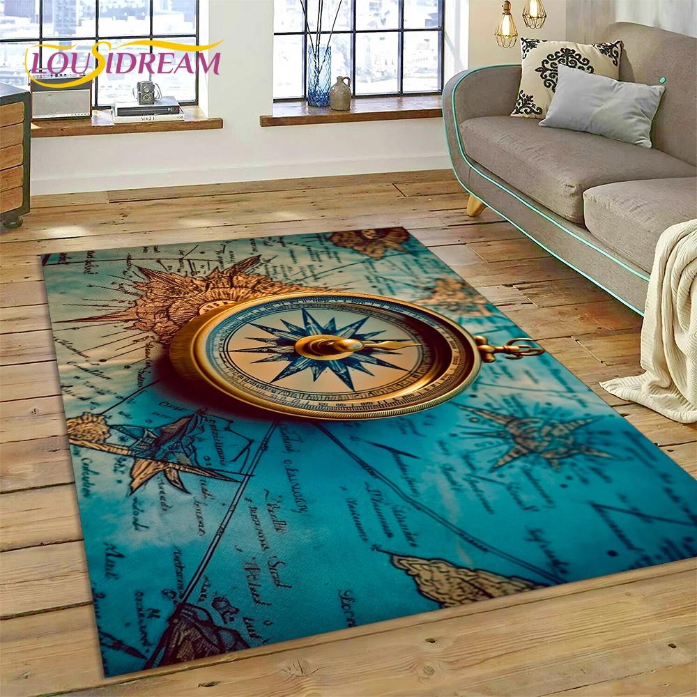 3D Ancient Nautical Chart World Map Compass Carpet Rug for Bedroom Living Room Sofa Decoration,Child Game Large Decor Floor Mat