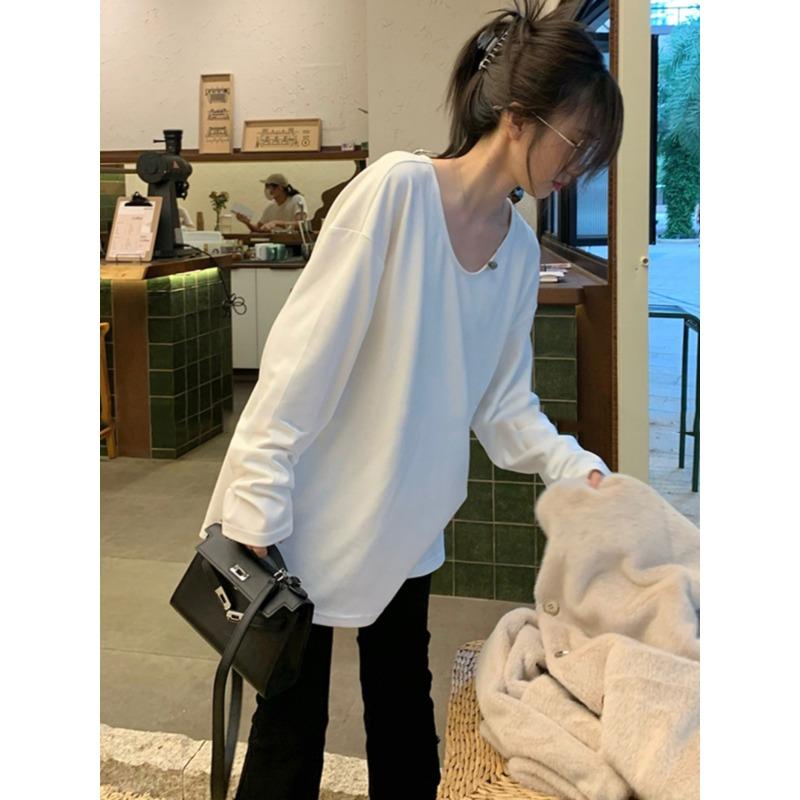 White Long-sleeved Shirt Women's Autumn and Winter Loose Version with Bottoming Shirt German Velvet Lazy Medium and Long Neck Top