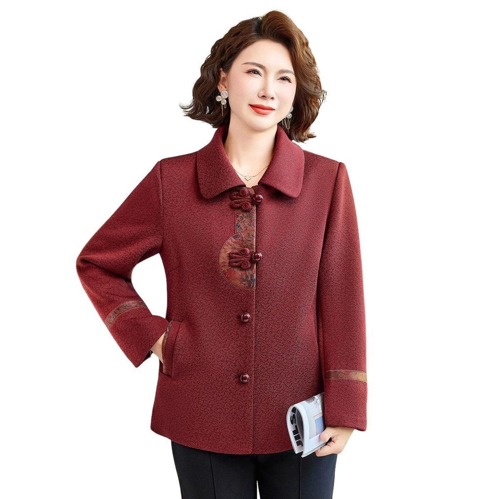 Spring Arrival: Chinese Style Embroidered Woolen Coat for Middle-Aged & Elderly Women - Loose, Stylish Cardigan