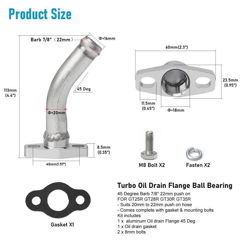 

Aluminium Alloy 45 Degree Turbo Oil Drain/Return Pipe Kit For GT25R/GT28R/GT30R/GT35R Turbochargers Flange Ball Bearings