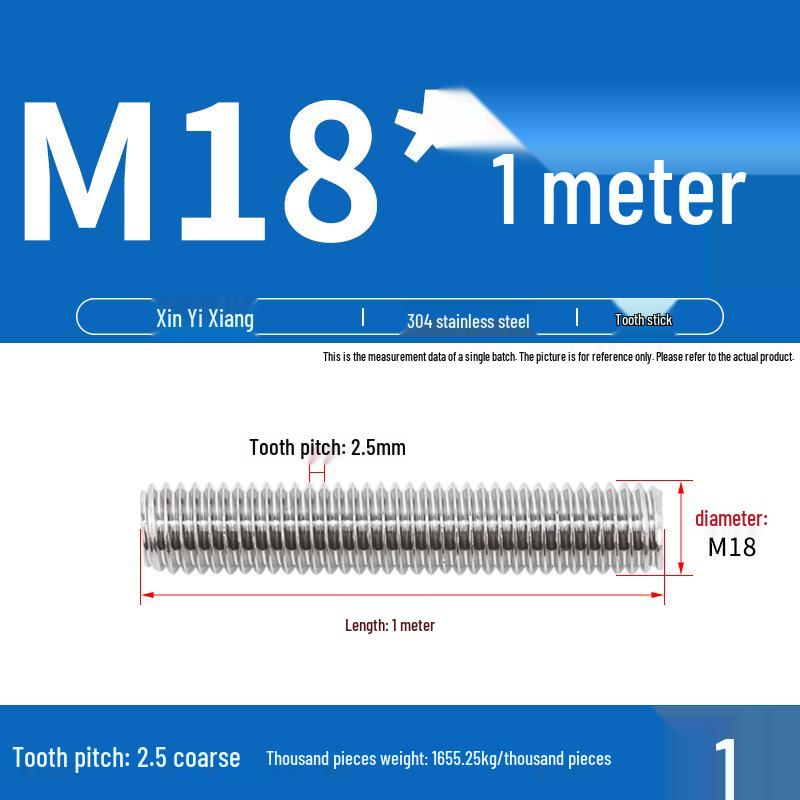 304 Stainless Steel Full Threaded Rod Bar - 1 Meter, Available in Sizes: M3, M6, M8, M10, M12.