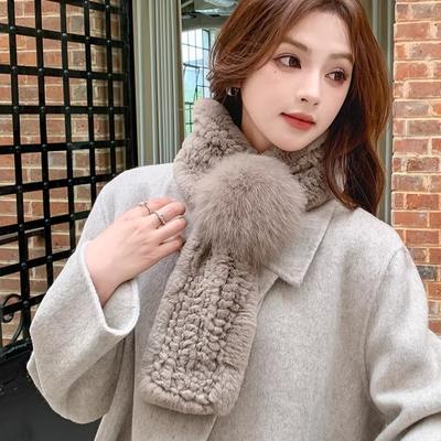 Winter New Korean Solid Color Rex Rabbit Hair Scarf Double-sided Woven Thickened Warm Scarf Fox Hairball Real Fur