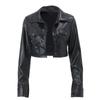 European-American Motorcycle Style Crop Top: Turn-Down Collar, Long Sleeve Jacket for Autumn/Winter Fashion.