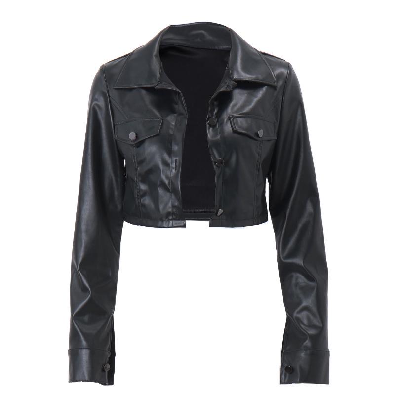 European-American Motorcycle Style Crop Top: Turn-Down Collar, Long Sleeve Jacket for Autumn/Winter Fashion.