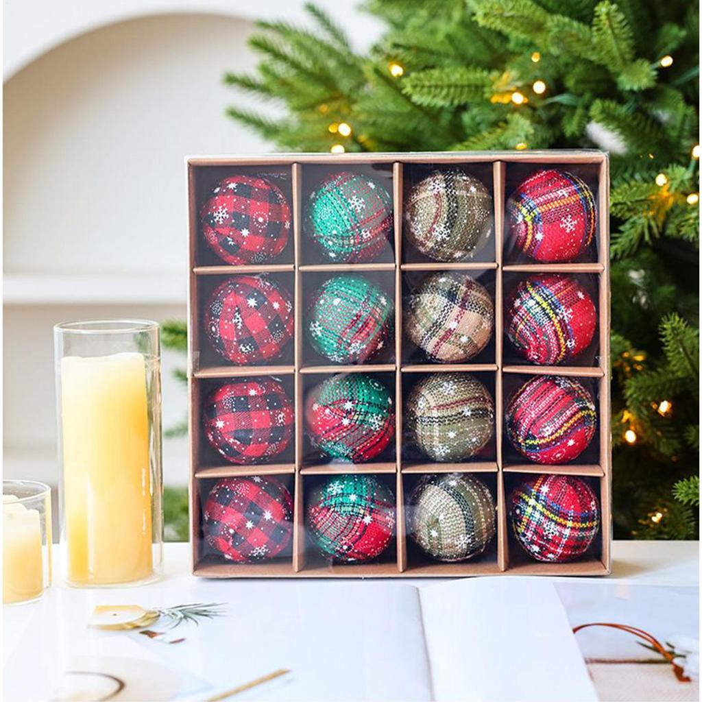 16pcs 6cm Christmas Balls Decorations Plaid Fabric Balls Christmas Tree Hanging Decoration For Home Bedroom Window Display