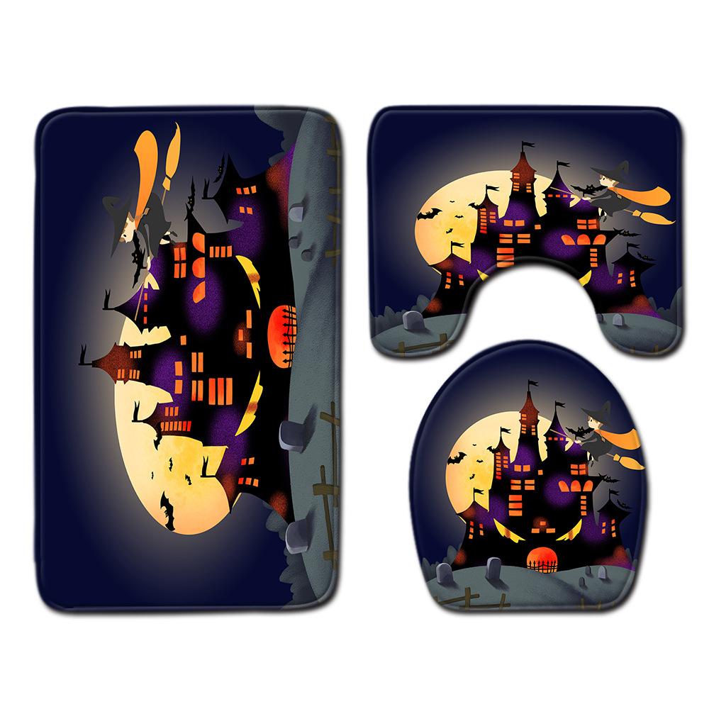 Halloween Shower Curtain Floor Mat Combination Four-Piece Set Bathroom Toilet Carpet Shower Room Foot Mat