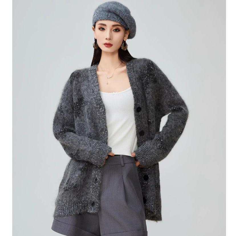 Dimanaf Swetry Kardigan Damski Wzór Gwiazd Nadruk Guziki Swetry Dzianinowe Luźny Sweter Jesień 2025