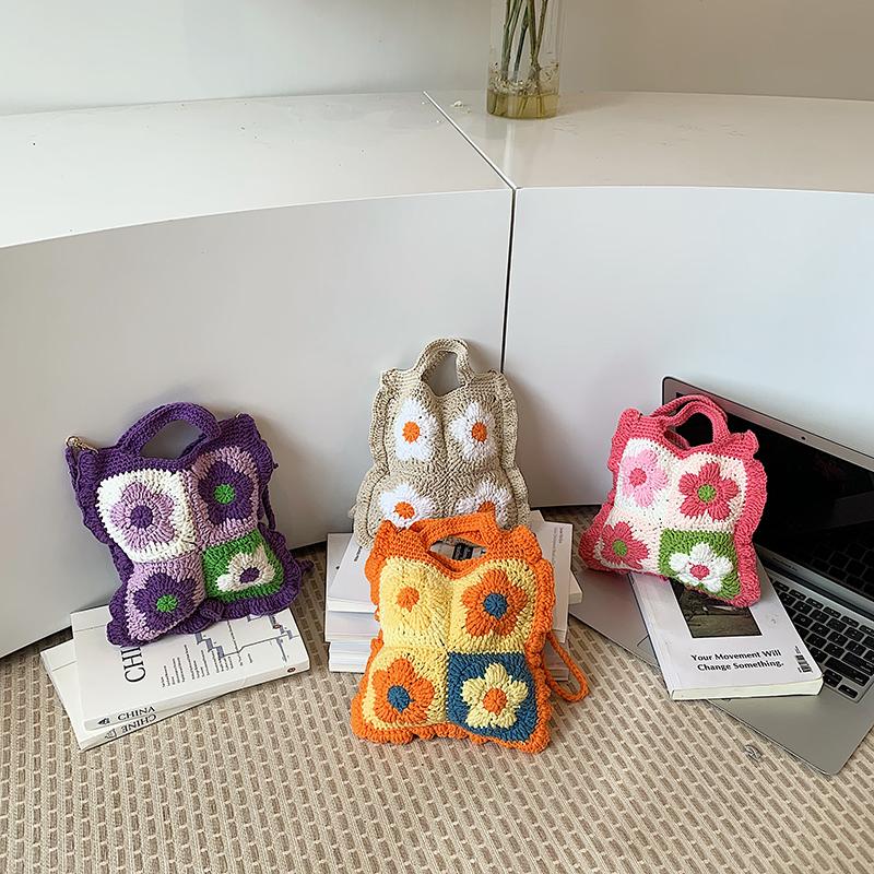 Boho Essential Handmade Crochet Granny Square Tote Bags Summer Knitted Flower Shoulder Bags Shopping Beach Daily Use Handbag