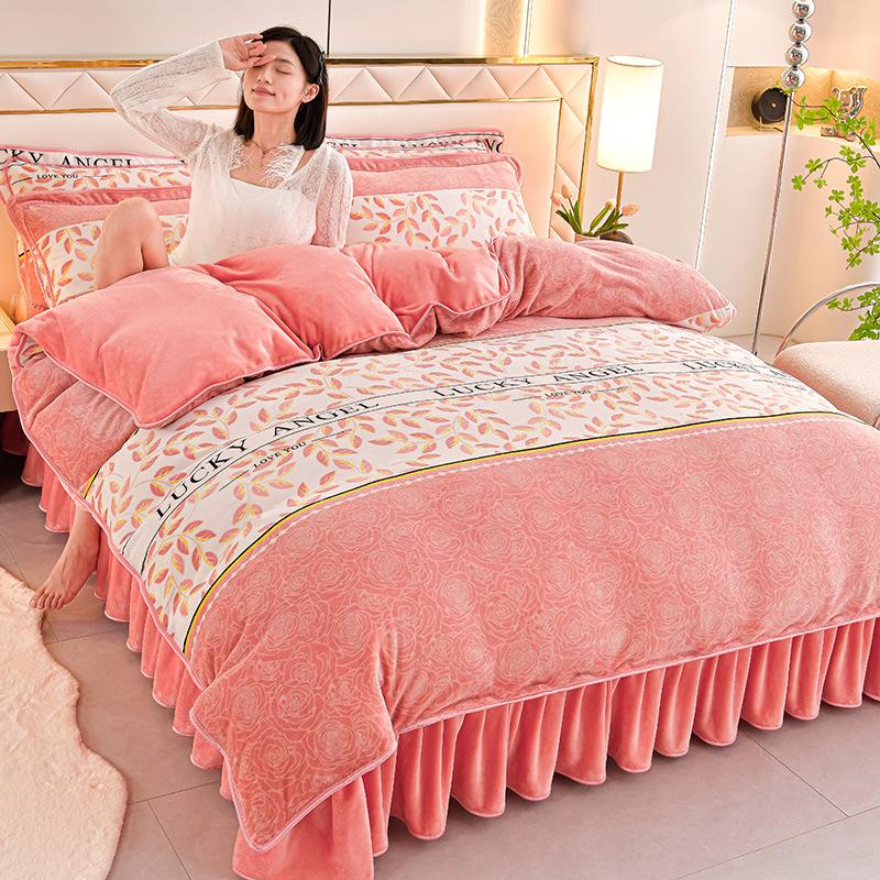 Thickened Milk Fleece Four-Piece Coral Fleece Quilt Cover, Bed Sheet Fleece Double-Sided Fleece Flannel Bedding, Bed Skirt