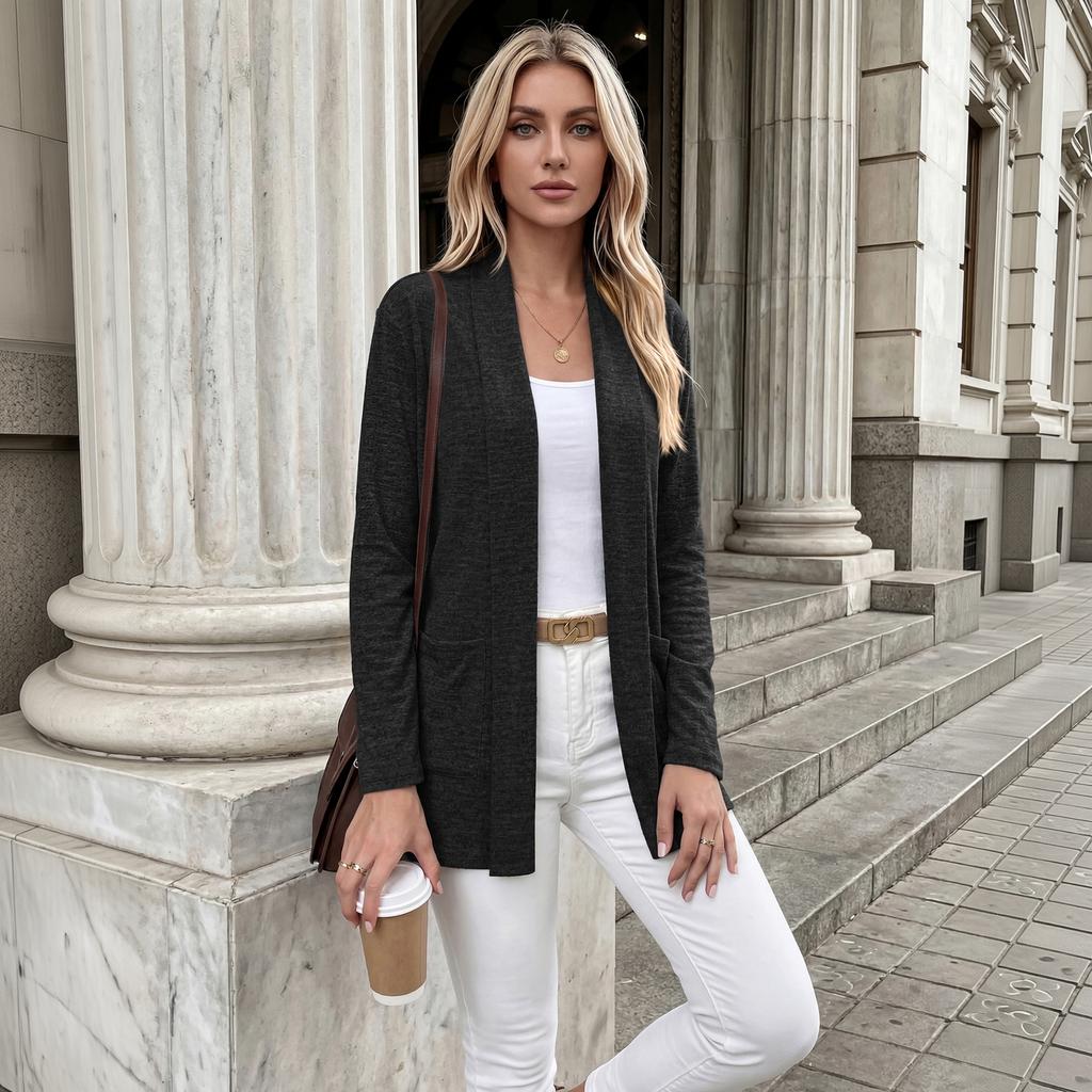 Women's Casual Long Sleeve Open Front Cardigan Knit Sweater with Pockets Lightweight Soft Comfortable Layering Top
