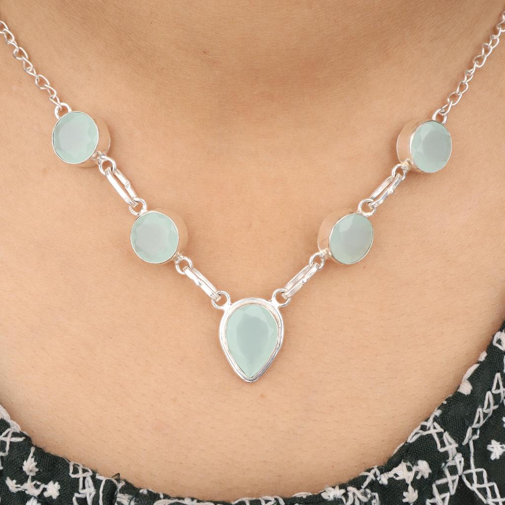 Aqua Chalcedony Gemstone 925 Sterling Silver Handcrafted Jewelry Designer Necklace 16-18" Gift RN-3-20