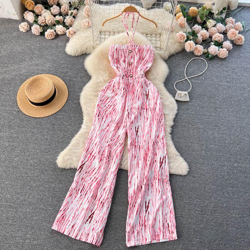 Spring and Summer New Holiday Travel Hot Street Tie-Dye Sling Fashion Chiffon Drape Halter Wide Leg One-Piece Long Pants