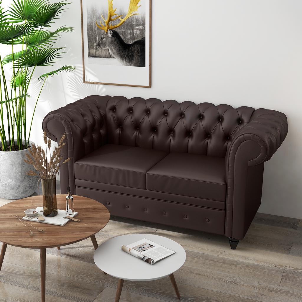 2-Seater Chesterfield-Style Sofa with Removable Cushion, In Faux Leather, Wood and Metal, 160x84x80 Cm, Brown