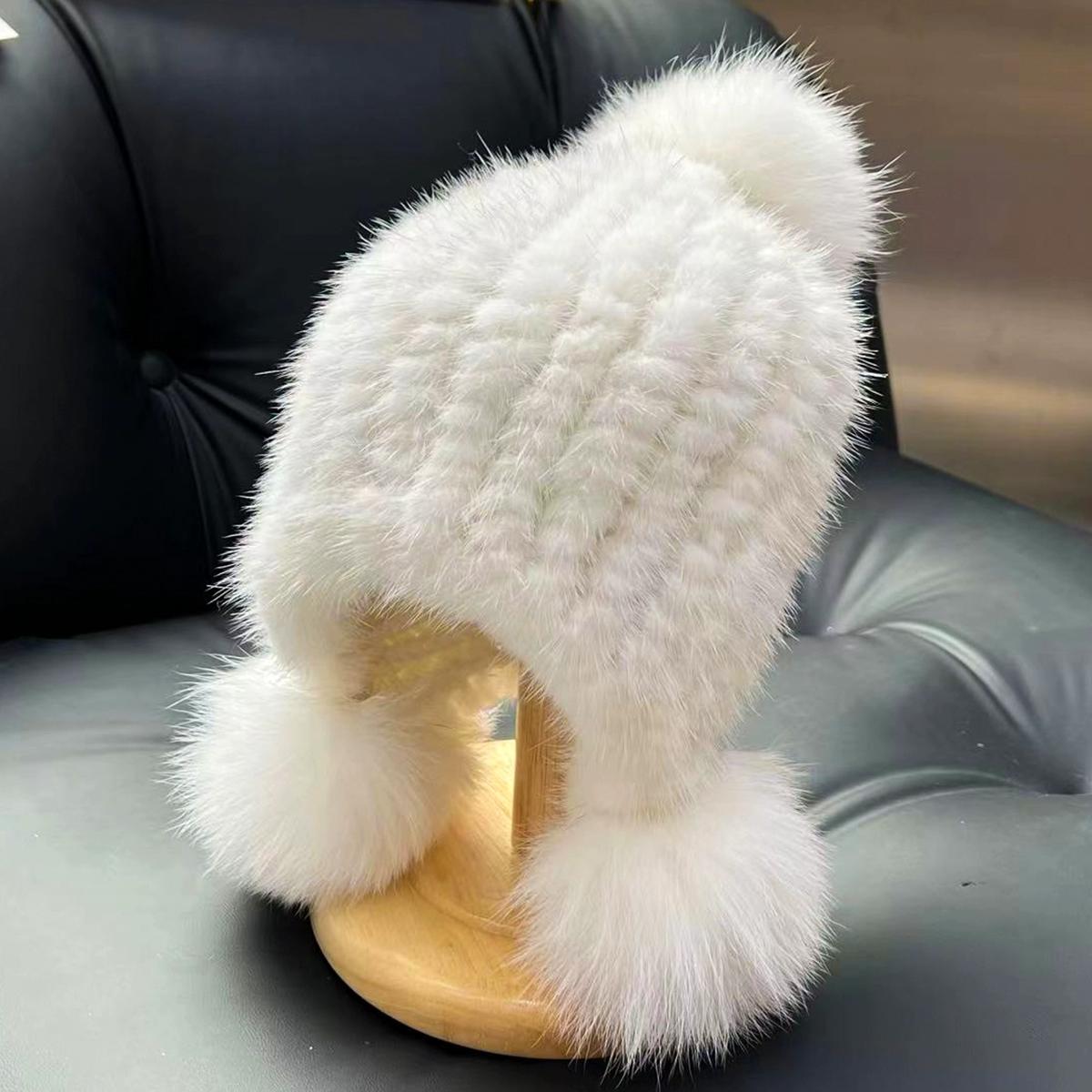 

Норкова шапка жіноча зимова потовщена тепла з захистом вух норкова плетена шапка хутряна з помпоном з хутра лисиці One size [1-12 years old can wear] білий