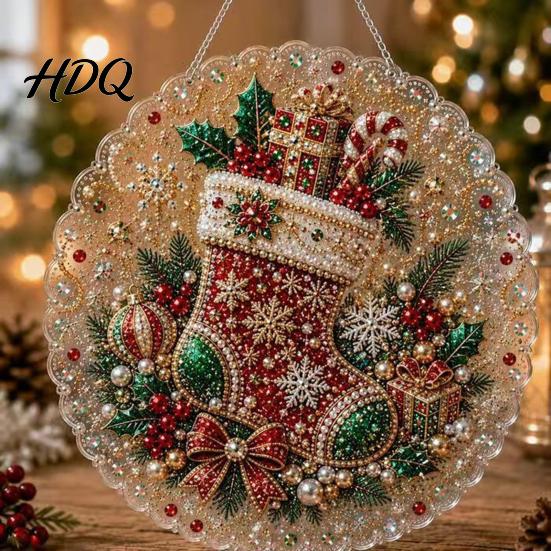 Celebration Party Supplies Christmas Acrylic Tree Hanging Ornament Faux Pearl Art DIY Painting Holiday Suncatcher 20cm Glowing Window Decor for Home