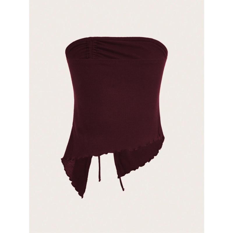 Women European Style Drawstring Irregular Slit Waffle Fitted Strapless Tube Crop Top