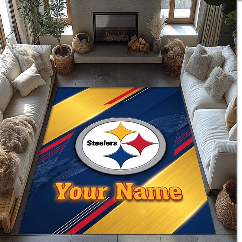 Pittsburgh Steelers Crystal Velvet Rug, Custom Name Text Personalized Non‑Slip Floor Mat for Home Decor Gift