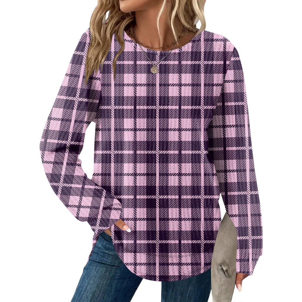 Women's Plaid Print Round Neck Long Sleeve Casual Loose Top