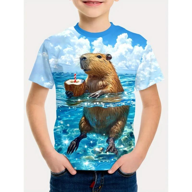 Nowa Koszulka z Krótkim Rękawem ze Zwierzętami Śliczny Nadruk ze Wzorem Kapibary Szybkoschnąca Koszulka z Okrągłym Dekoltem Casualowa Koszulka z Kreskówką dla Dzieci