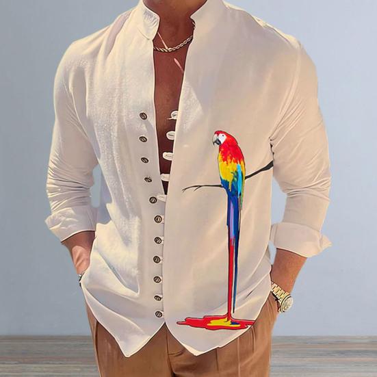 Männer Hemd Papagei Druck Stehkragen Langarm Einreiher Mittlere Länge Täglich Tragen Lässige Weiche Atmungsaktive Männer Herbst Top männlichen Kleidung