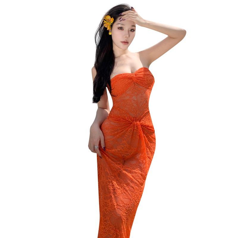 Neuer Insel-Shop Orange Hohlspitze Hüftfalten Röhrentop Reines Verlangen Sexy Langes Kleid Kleid