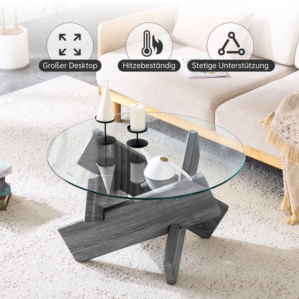 Multi-Color MDF and Glass Round Coffee Table: Creative Cross Gray Support Legs, Simple and Fashionable, 79cm Diameter, 0.8cm Thick Tempered Glass.