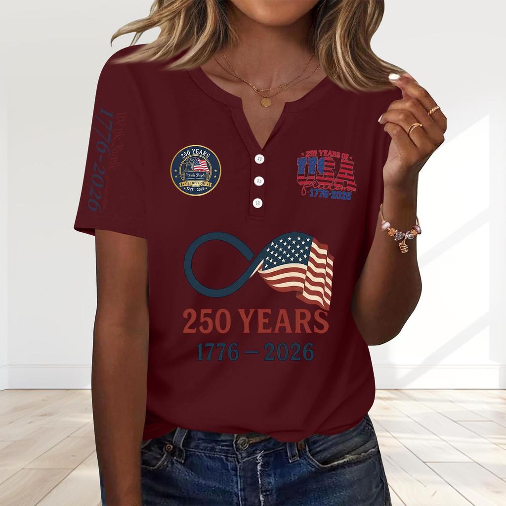 Women's Fashion Casual 250th Anniversary Independence Day Print V-Neck Short Sleeve Decorated Button-Up T-Shirt