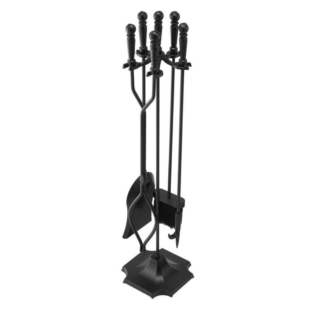 Kaminbesteck-Set, 5-teiliges Kaminwerkzeug-Set mit Halterung und Fünfzinkenständer, Zange, Schaufel, Bürste, Kamin-Schürhaken, Schmiedeeiserner Kamin