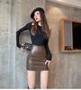 Women's Korean Style High-Waisted Black PU Leather Skirt - Autumn/Winter Slim A-Line, Hip-Hugging Design