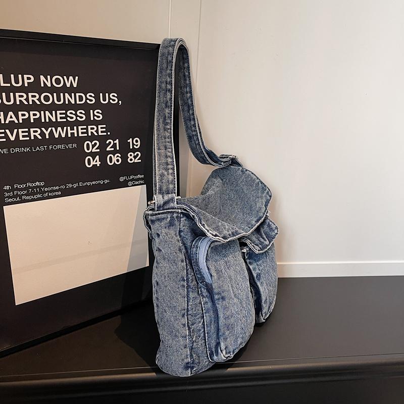 Multi-Pocket Denim Bag Large Capacity Retro Commuter Shoulder Bag